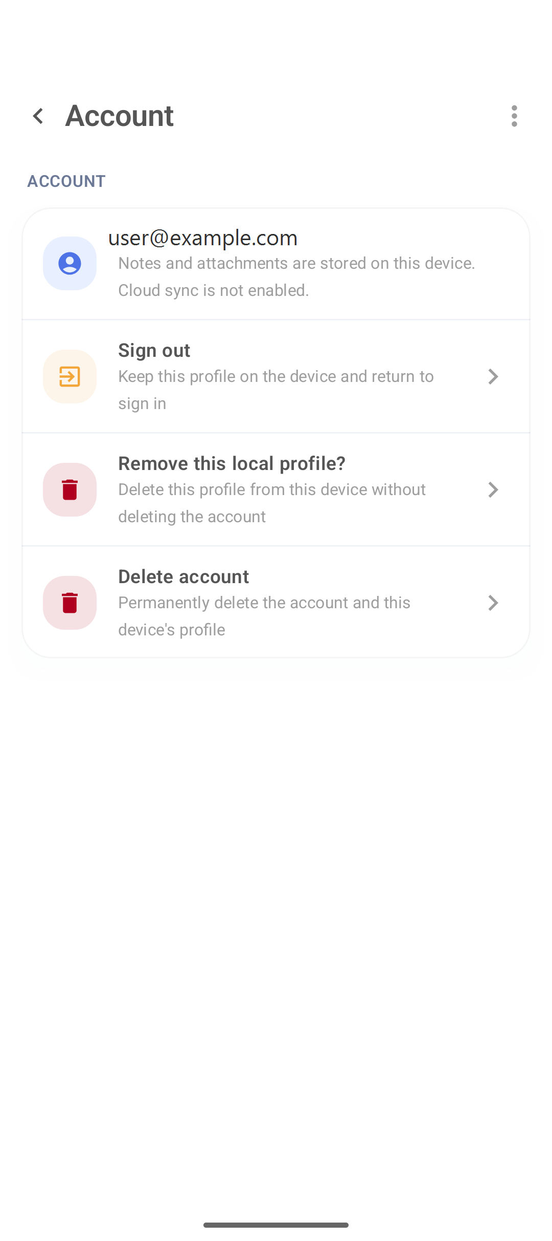 Account com user@example.com, Sign out e Delete account