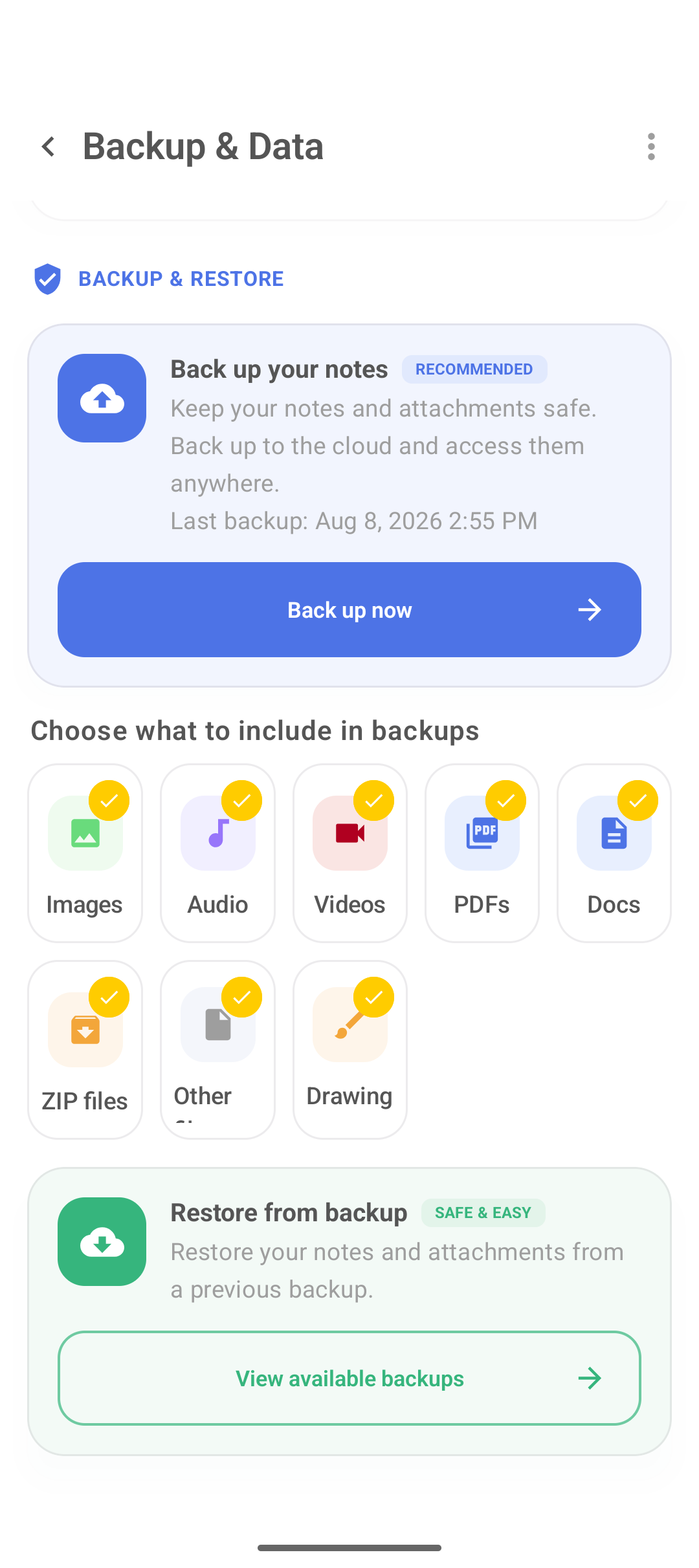 Restore from backup e View available backups no DicaNote