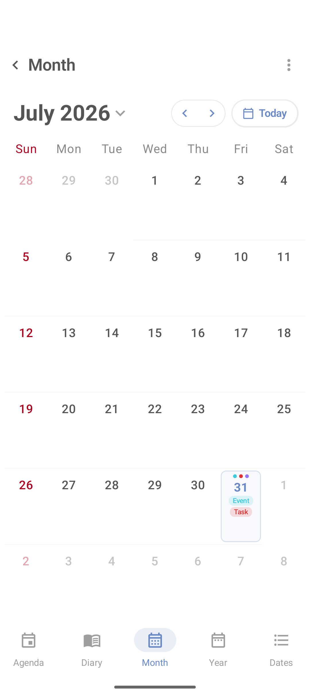 Calendário mensal do DicaNote
