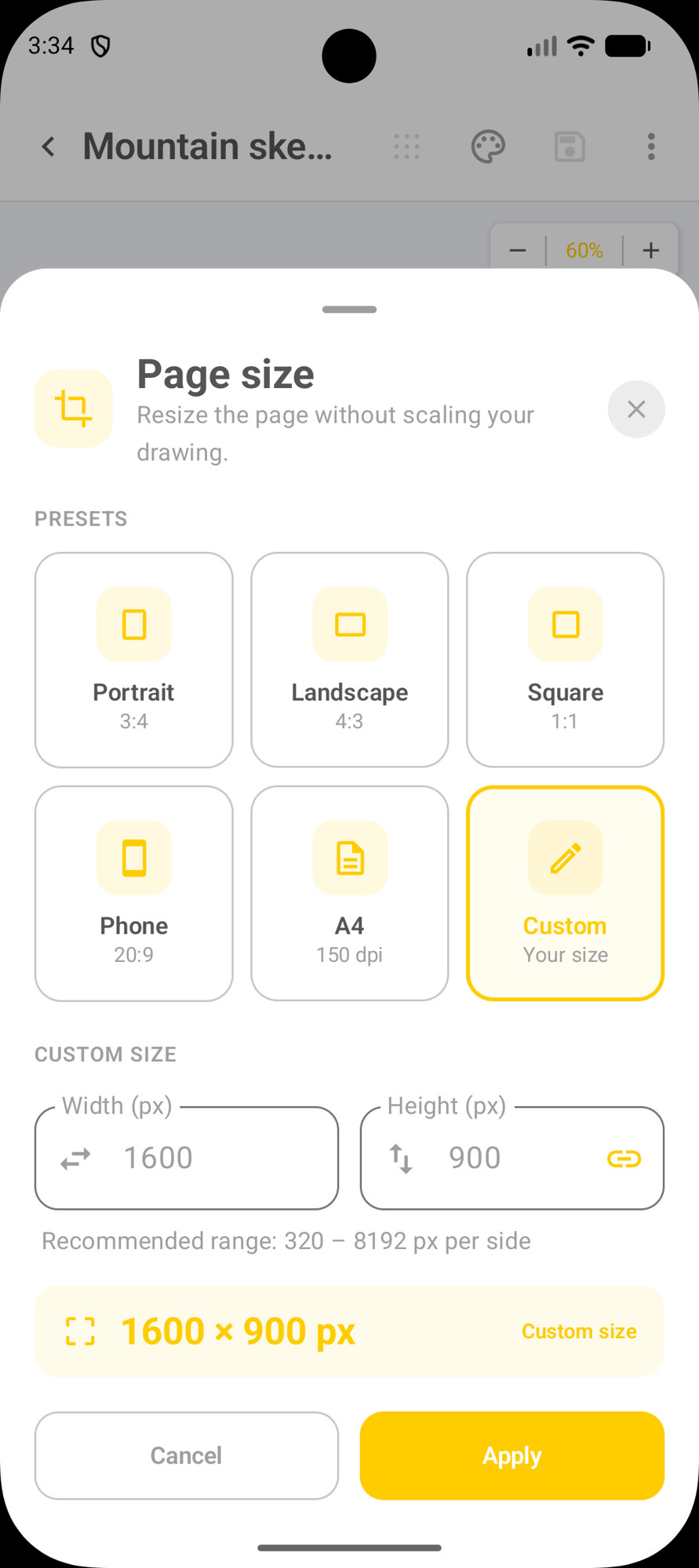 Painel Page size do DicaNote com presets Portrait, Landscape, Square, Phone, A4 e Custom
