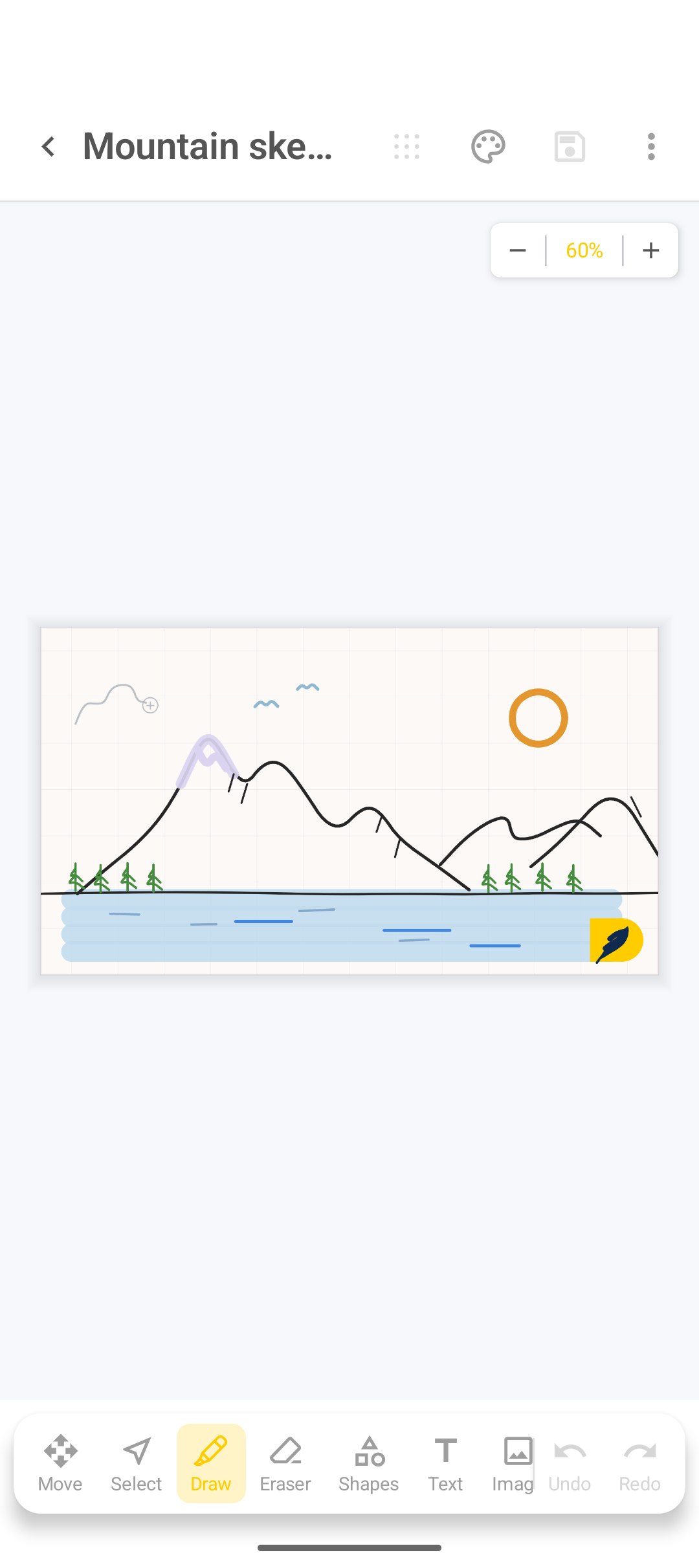 Tela de desenho do DicaNote com croqui de montanha