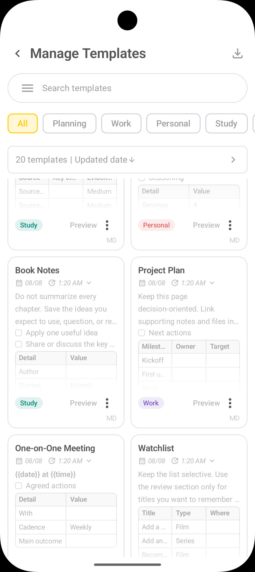 Tela Manage Templates do DicaNote com abas All, Planning, Work, Personal, Study e cartões Book Notes e Project Plan
