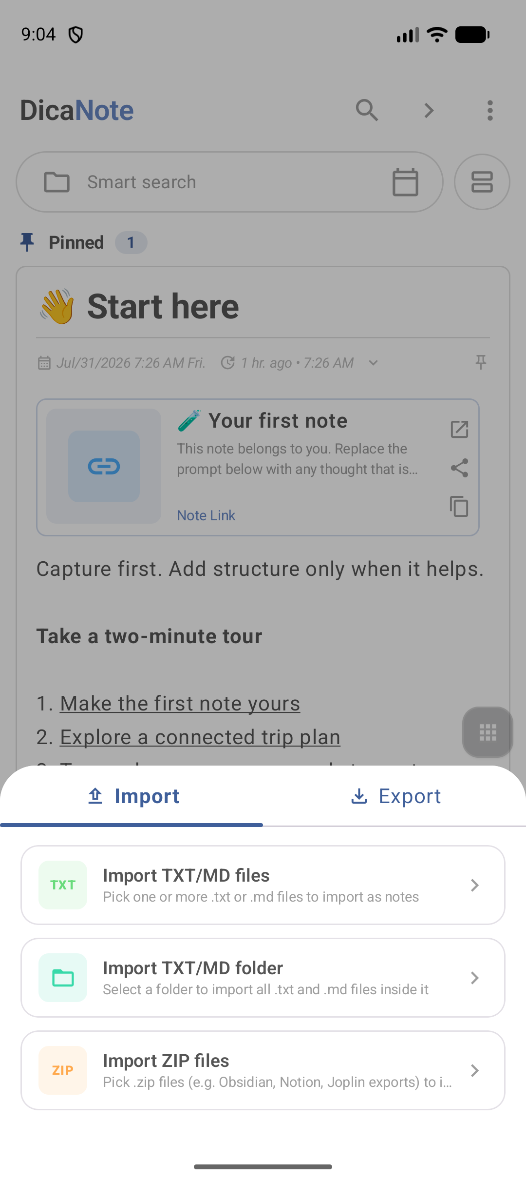 Painel Import e Export do DicaNote
