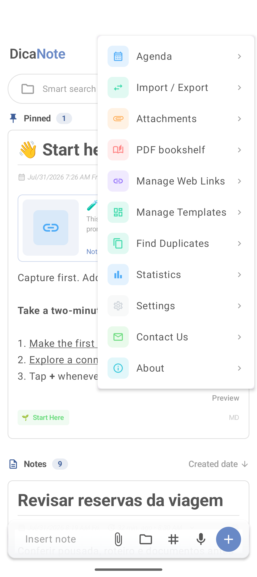 Menu principal do DicaNote com Statistics e outras opções