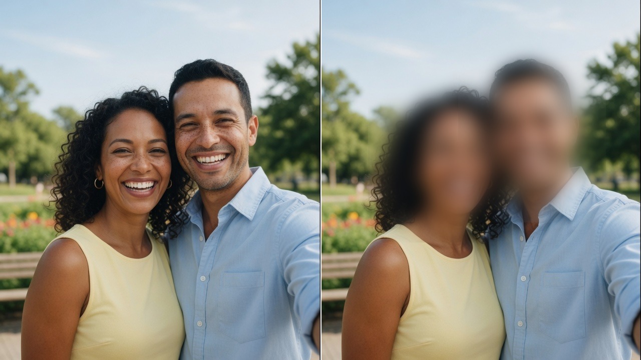 Antes e depois: casal com rostos nítidos e o mesmo recorte com rostos desfocados
